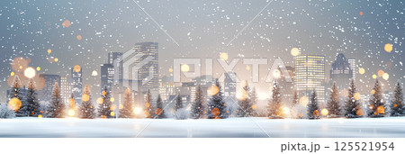 俯瞰で見る雪の降る美しいクリスマスの街並み（横長） 125521954
