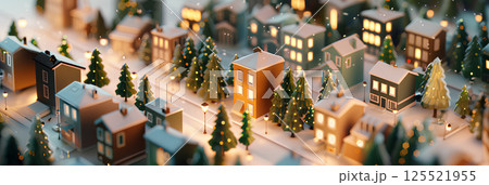 俯瞰で見る雪の降る美しいクリスマスの街並み（横長） 125521955