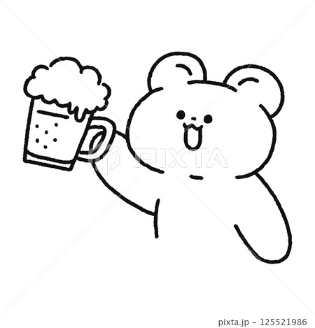 ビールで乾杯するご機嫌なクマ 線画 ビールで乾杯するご機嫌なクマ 線画 125521986