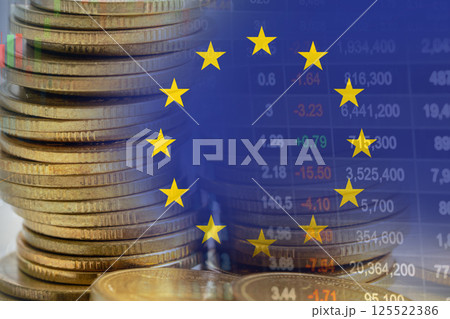 Stock market investment trading financial, coin and EU flag or Forex for analyze profit finance business trend data background. Stock market investment trading financial, coin and EU flag or Forex for analyze profit finance business trend data background. 125522386