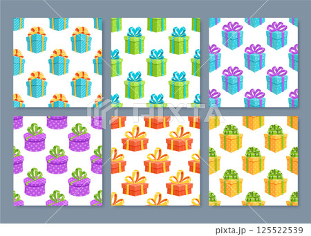 Cartoon gift box seamless pattern set with ribbon and bow. Wrapped presents for birthday surprise or party decorations. Cheerful and colorful flat style, ideal for festive celebrations or events. 125522539