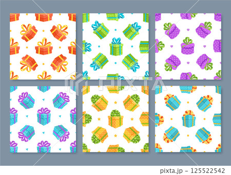 Cartoon gift box seamless pattern set in a flat style. Present packages with colorful ribbon and bow enhance holiday cheer. Ideal for birthday surprise visuals. Cartoon gift box seamless pattern set in a flat style. Present packages with colorful ribbon and bow enhance holiday cheer. Ideal for birthday surprise visuals. 125522542