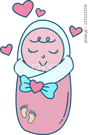 Cute Cartoon Illustration of a Swaddled Baby	 125522559