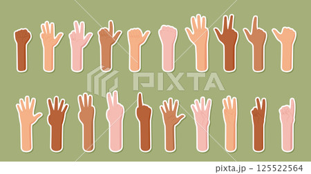 Cartoon sticker set with finger gestures and numbers. Human bare hands show count with silhouette arms. Flat style, educational icon for math visuals and learning tools. Cartoon sticker set with finger gestures and numbers. Human bare hands show count with silhouette arms. Flat style, educational icon for math visuals and learning tools. 125522564