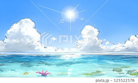 夏の青い空、青い海、白い雲と砂浜のコントラスト（クレヨン＋水彩画風）
