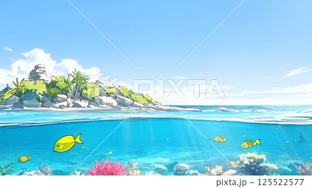 夏の青い空、青い海、白い雲と砂浜のコントラスト（クレヨン＋水彩画風）