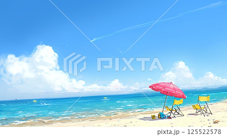 夏の青い空、青い海、白い雲と砂浜のコントラスト（クレヨン＋水彩画風）