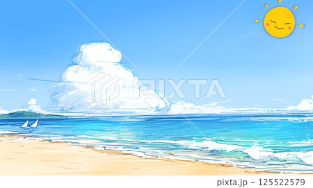 夏の青い空、青い海、白い雲と砂浜のコントラスト（クレヨン＋水彩画風）
