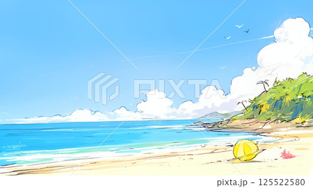 夏の青い空、青い海、白い雲と砂浜のコントラスト（クレヨン＋水彩画風）