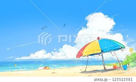 夏の青い空、青い海、白い雲と砂浜のコントラスト（クレヨン＋水彩画風）