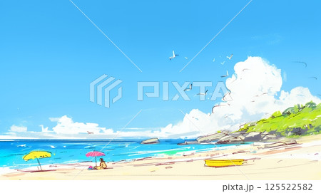 夏の青い空、青い海、白い雲と砂浜のコントラスト（クレヨン＋水彩画風）