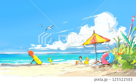 夏の青い空、青い海、白い雲と砂浜のコントラスト（クレヨン＋水彩画風）