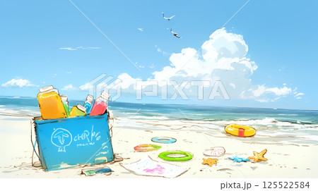 夏の青い空、青い海、白い雲と砂浜のコントラスト（クレヨン＋水彩画風）