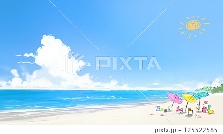 夏の青い空、青い海、白い雲と砂浜のコントラスト（クレヨン＋水彩画風）