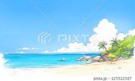 夏の青い空、青い海、白い雲と砂浜のコントラスト（クレヨン＋水彩画風）