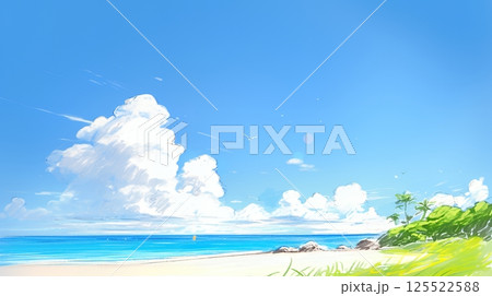 夏の青い空、青い海、白い雲と砂浜のコントラスト（クレヨン＋水彩画風）