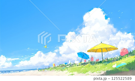 夏の青い空、青い海、白い雲と砂浜のコントラスト（クレヨン＋水彩画風）
