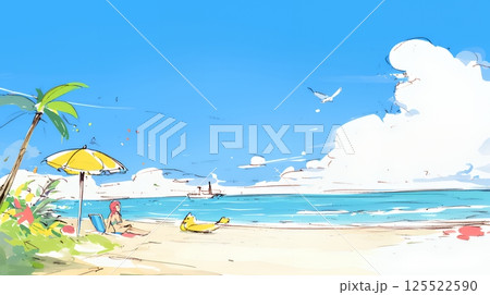 夏の青い空、青い海、白い雲と砂浜のコントラスト（クレヨン＋水彩画風）