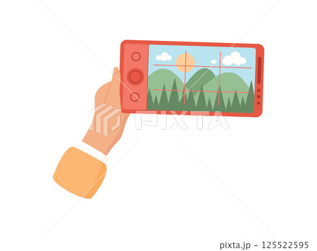Hand holds a smartphone with a photo app. A user taps the screen to capture selfie. People enjoy taking pictures using mobile media, flat style, perfect for social media marketing. 125522595