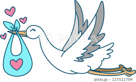 Whimsical Stork Delivering Baby Illustration Whimsical Stork Delivering Baby Illustration 125522704