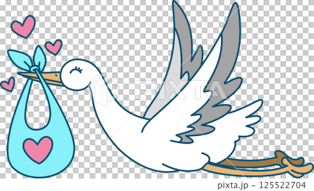 Whimsical Stork Delivering Baby Illustration Whimsical Stork Delivering Baby Illustration 125522704