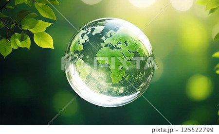 緑の葉に囲まれた背景の中央に、ガラス玉や水滴のような地球が浮かぶ3DCGイラスト 125522799