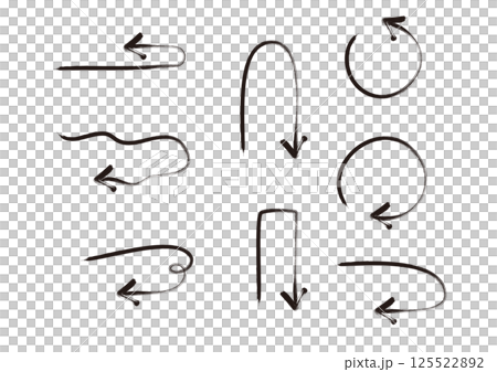 ブラシで描いたようなかすれのある手書き風矢印　セット　リターンのイメージ 125522892