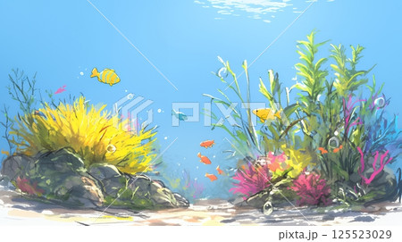 沖縄の海の中のイメージ（クレヨン＋水彩画風）