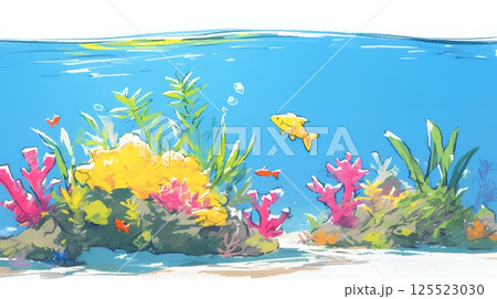 沖縄の海の中のイメージクレヨン＋水彩画風）