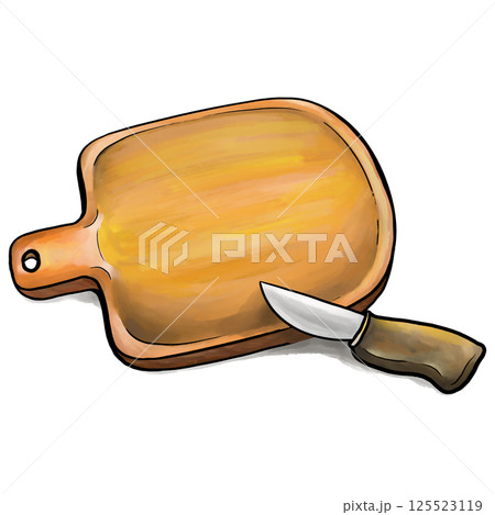 Wooden chopping board with a knife cartoon watercolor illustration 125523119
