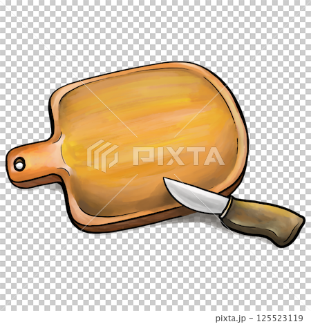 Wooden chopping board with a knife cartoon watercolor illustration 125523119