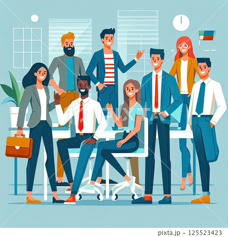 Flat Design Illustration of Young Professionals Collaborating in a Modern Workplace with Generative AI. 125523423