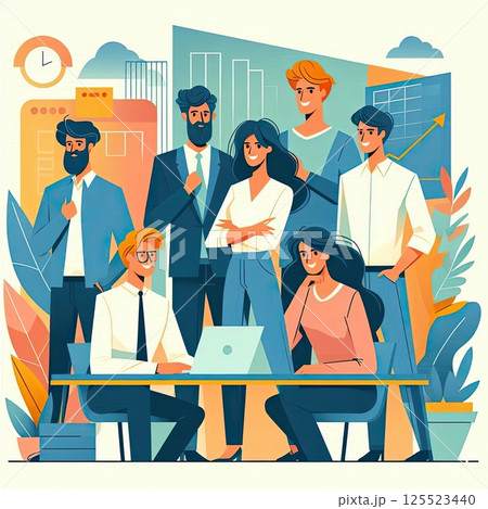 Flat Design Illustration of Young Professionals Collaborating in a Modern Workplace with Generative AI. 125523440