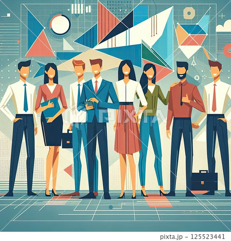 Flat Design Illustration of Young Professionals Collaborating in a Modern Workplace with Generative AI. 125523441