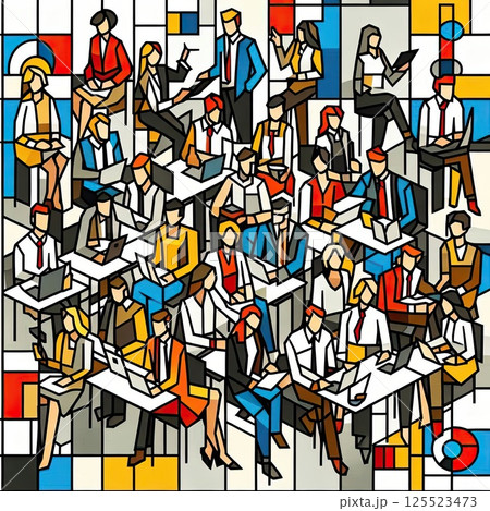 Abstract Business People Working Together in Colorful Office Illustration with Generative AI. 125523473