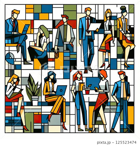 Abstract Business People Working Together in Colorful Office Illustration with Generative AI. 125523474