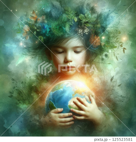 Dreamy child Holding Glowing Planet with Nature with Generative AI. 125523581