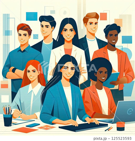 Abstract Business People Working Together in Colorful Office Illustration with Generative AI. Abstract Business People Working Together in Colorful Office Illustration with Generative AI. 125523593