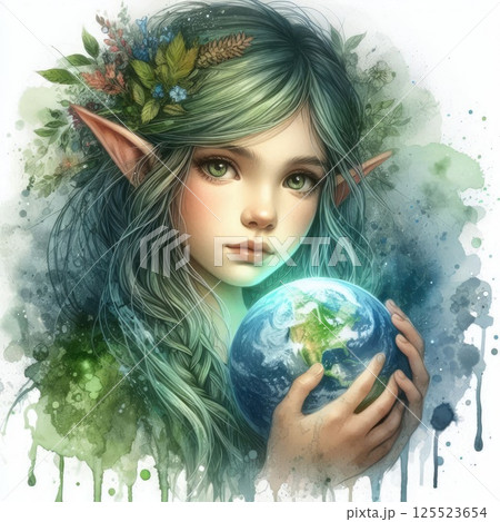 Mystical Nature Elf Protecting Earth Illustration with Generative AI. Mystical Nature Elf Protecting Earth Illustration with Generative AI. 125523654