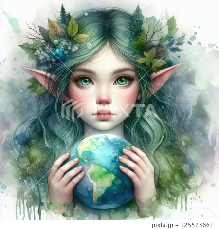 Mystical Nature Elf Protecting Earth Illustration with Generative AI. Mystical Nature Elf Protecting Earth Illustration with Generative AI. 125523661