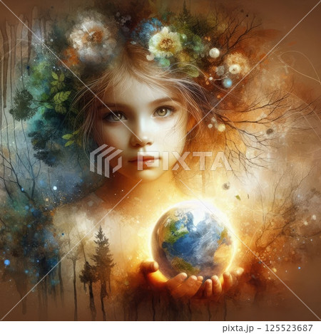 Dreamy child Holding Glowing Planet with Nature with Generative AI. 125523687