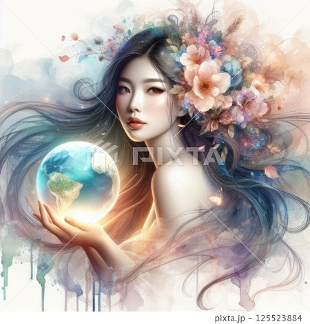 Ethereal Woman Holding Planet with Floral Crown and Watercolor Aura with Generative AI. Ethereal Woman Holding Planet with Floral Crown and Watercolor Aura with Generative AI. 125523884