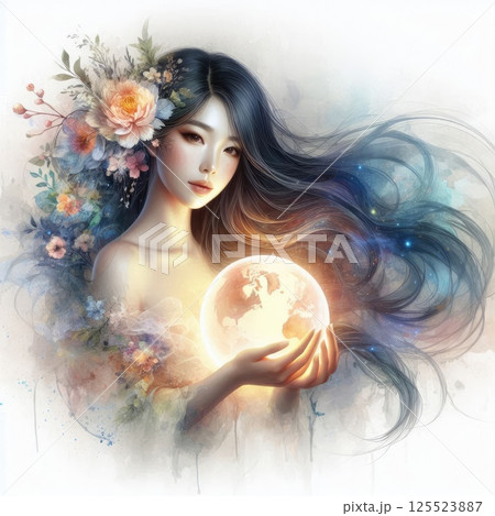 Ethereal Woman Holding Planet with Floral Crown and Watercolor Aura with Generative AI. 125523887