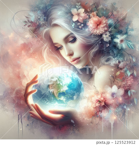 Ethereal Woman Holding Planet with Floral Crown and Watercolor Aura with Generative AI. Ethereal Woman Holding Planet with Floral Crown and Watercolor Aura with Generative AI. 125523912