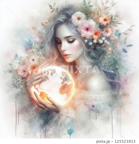 Ethereal Woman Holding Planet with Floral Crown and Watercolor Aura with Generative AI. Ethereal Woman Holding Planet with Floral Crown and Watercolor Aura with Generative AI. 125523913