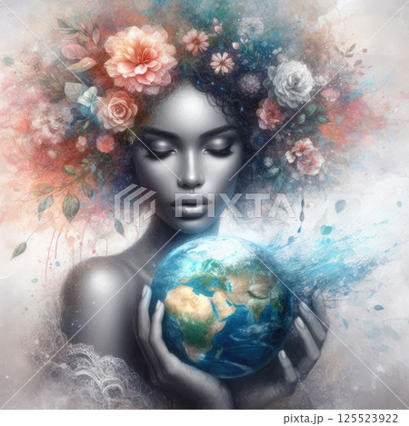 Ethereal Woman Holding Planet with Floral Crown and Watercolor Aura with Generative AI. 125523922