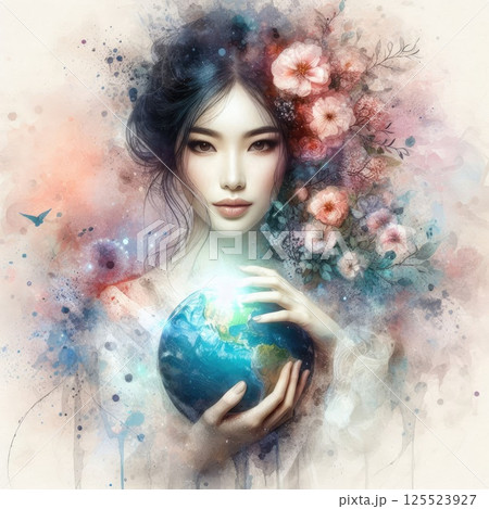 Ethereal Woman Holding Planet with Floral Crown and Watercolor Aura with Generative AI. Ethereal Woman Holding Planet with Floral Crown and Watercolor Aura with Generative AI. 125523927