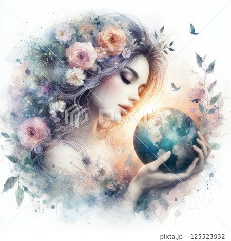 Ethereal Woman Holding Planet with Floral Crown and Watercolor Aura with Generative AI. Ethereal Woman Holding Planet with Floral Crown and Watercolor Aura with Generative AI. 125523932