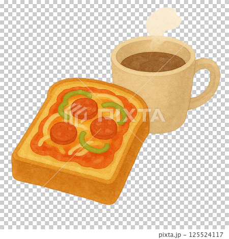 ピザトーストとコーヒーのイラスト ピザトーストとコーヒーのイラスト 125524117
