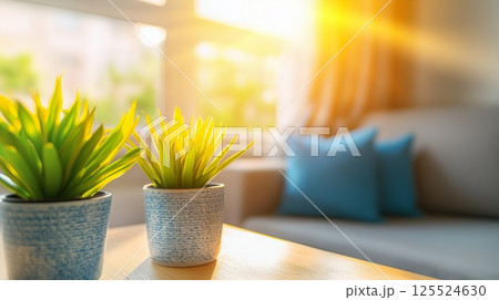 Sunlit living room with two green plants 125524630